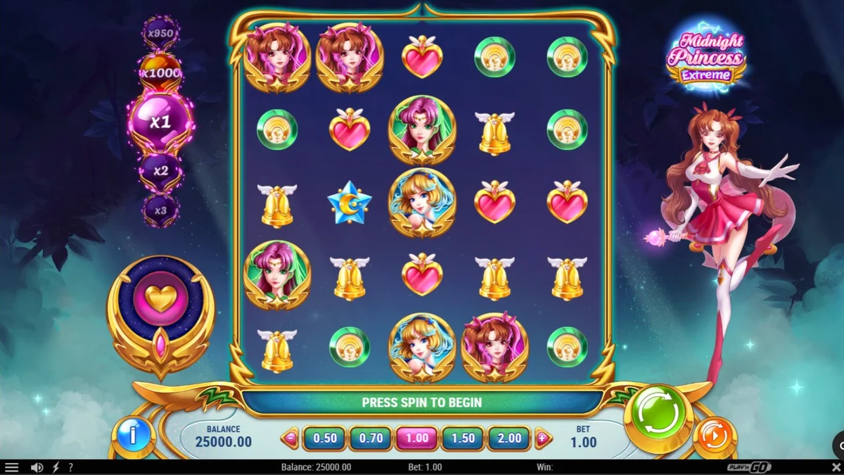 Tiga putri pejuang anime dalam slot Midnight Princess Extreme dengan latar belakang kosmik neon.