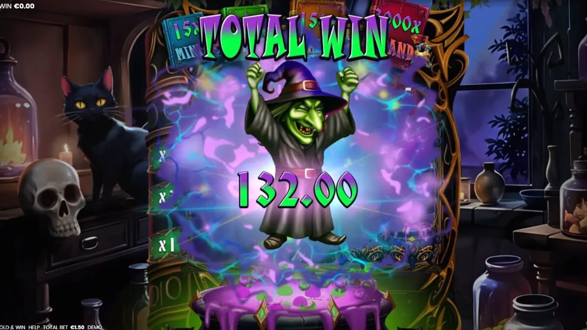 Tampilan visual slot Witches’ Fortune dengan elemen sihir dan kuali ajaib